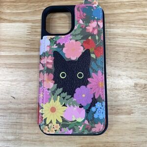 QX iPhone 13 Wallet Case Black Cat Floral Garden Folio ID Card Holder Multicolor